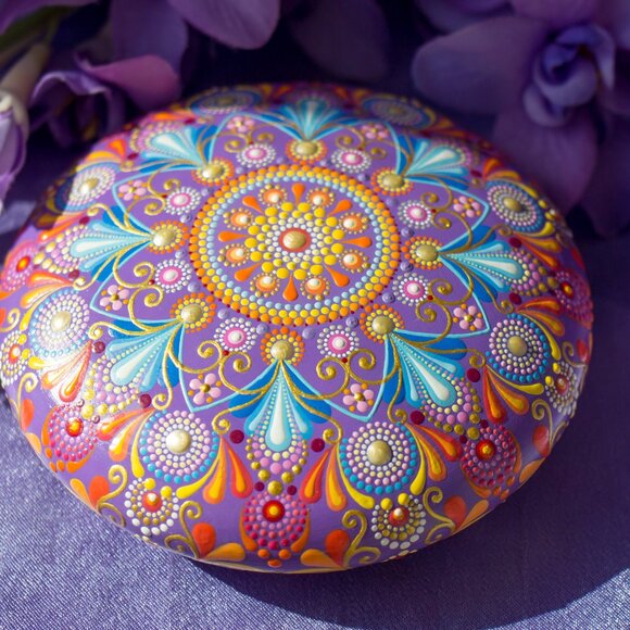 Mandala Painted Stone Acrylic Rock Paperweight Dot Art Painting by Lauruntra - Picture 5 of 10